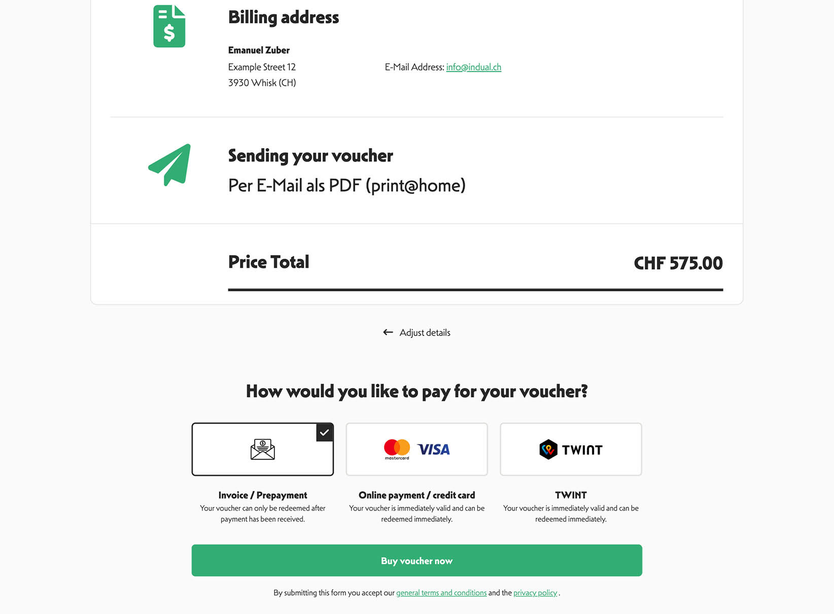 Voucher system with many payment options: Credit card, TWINT, QR-billing