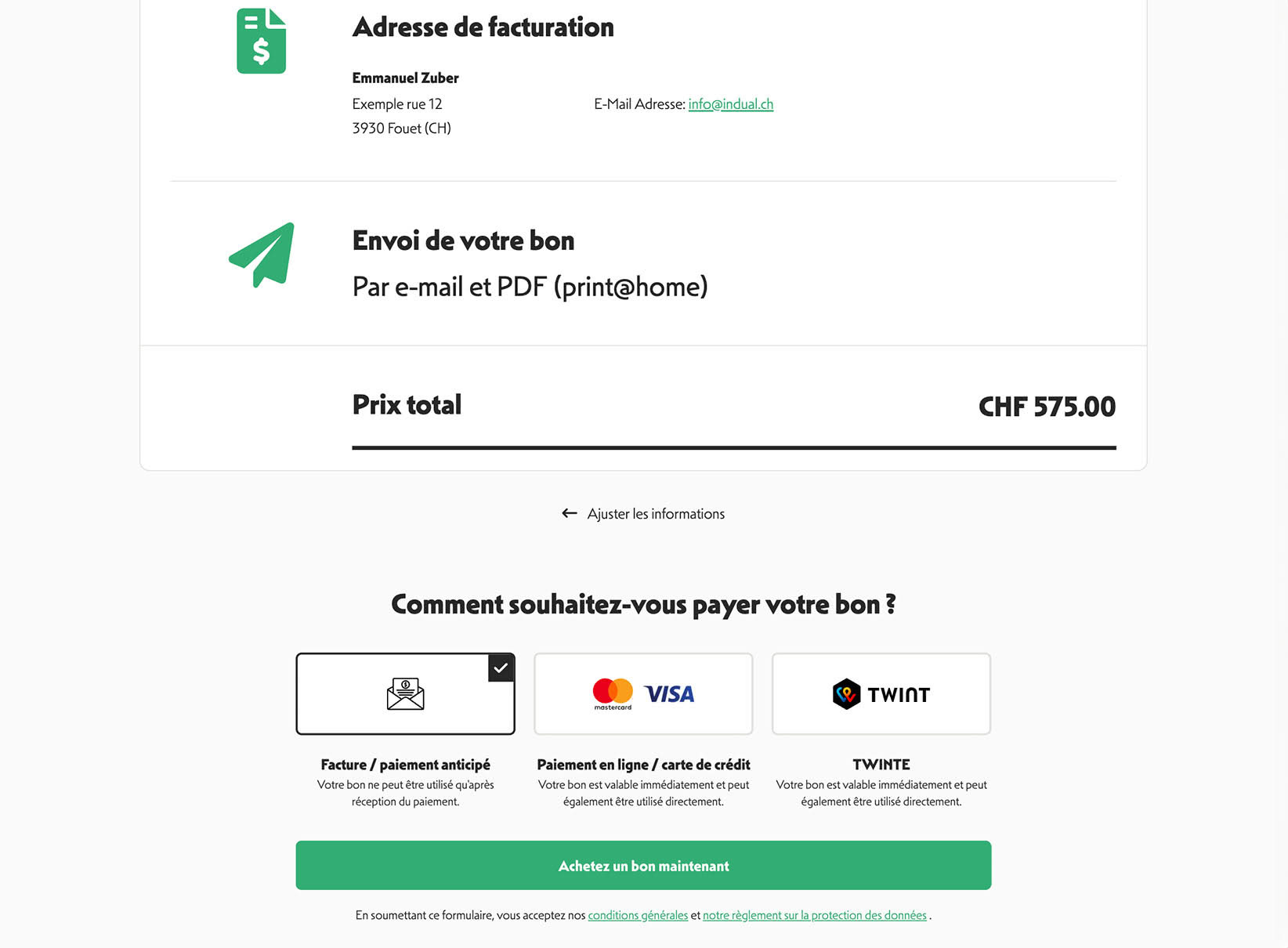 Système de bons cadeaux avec de nombreuses possibilités de paiement: carte de crédit, TWINT, QR-facture 