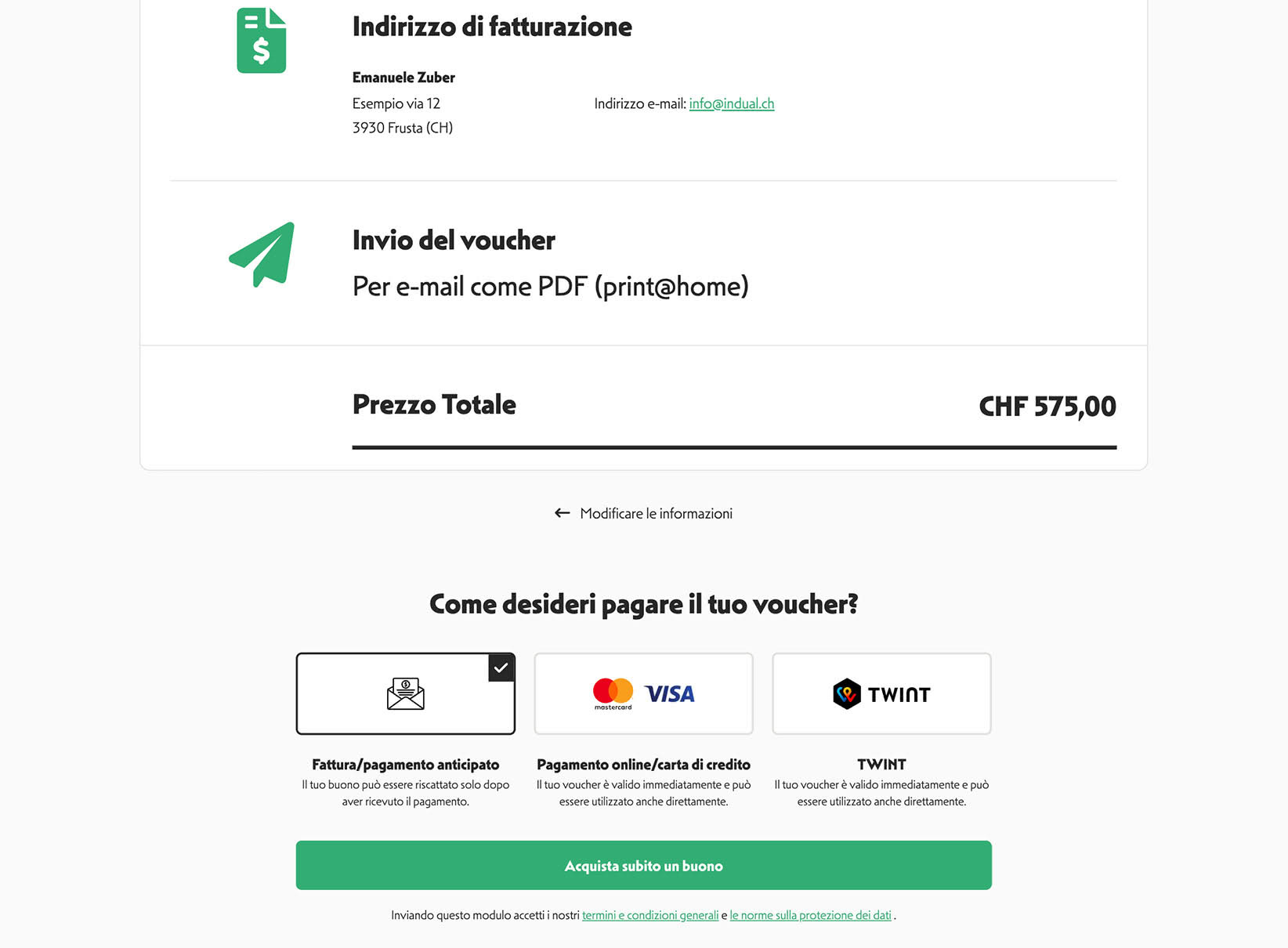 Sistema di buoni regalo con numerose opzioni di pagamento:Carta di credito, TWINT, QR-bill 